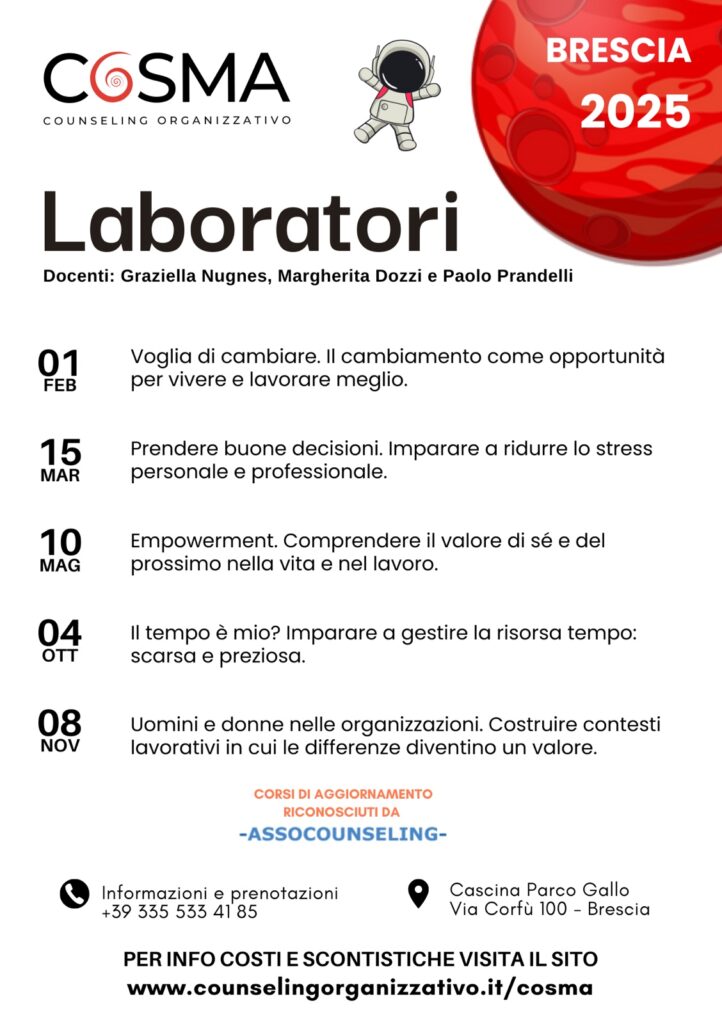 Counseling organizzativo COSMA Brescia Laboratori 2025 e Libro